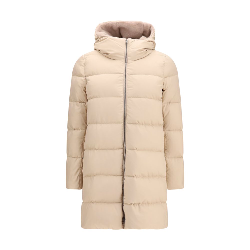 Puffer Jacket by Herno for women in polyester goose-down & fur beige features an contemporary silhouette, showcasing a sophisticated hooded high-collar neckline and contemporary lightweight, hooded & insulated for a truly refined look.