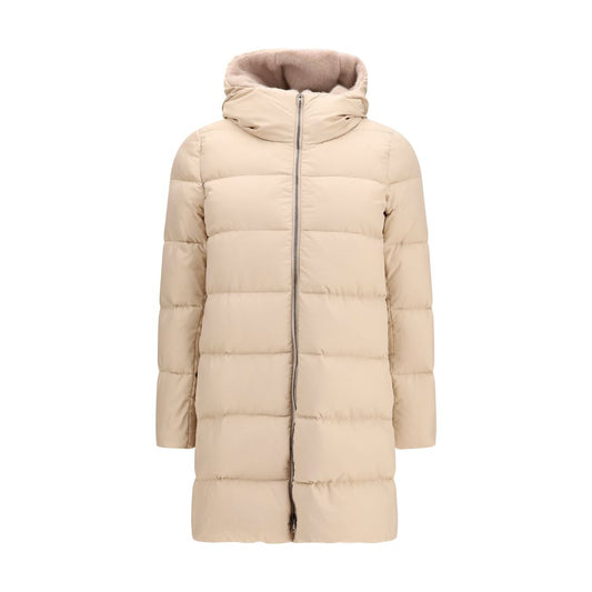 Puffer Jacket by Herno for women in polyester goose-down & fur beige features an contemporary silhouette, showcasing a sophisticated hooded high-collar neckline and contemporary lightweight, hooded & insulated for a truly refined look.