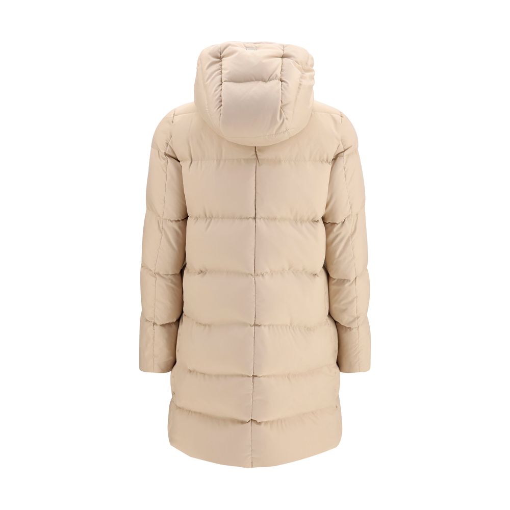Puffer Jacket by Herno for women in polyester goose-down & fur beige presents a effortlessly chic silhouette, showcasing a sophisticated hooded high-collar neckline and premium lightweight, hooded & insulated for a truly effortlessly chic finish.