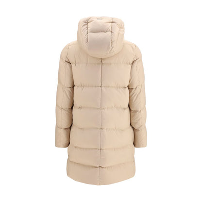 Puffer Jacket by Herno for women in polyester goose-down & fur beige presents a effortlessly chic silhouette, showcasing a sophisticated hooded high-collar neckline and premium lightweight, hooded & insulated for a truly effortlessly chic finish.