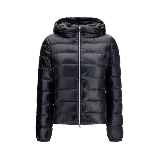 Hooded Puffer Jacket by Herno for women in polyamide & goose-down black & gold features an contemporary silhouette, showcasing a sophisticated hooded neckline and contemporary pockets, hooded & insulated for a truly refined look.