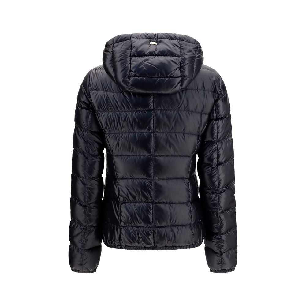Hooded Puffer Jacket by Herno for women in polyamide & goose-down black & gold showcases a bohemian silhouette, artfully detailed with a bohemian hooded neckline and signature pockets, hooded & insulated for a truly bohemian finish.