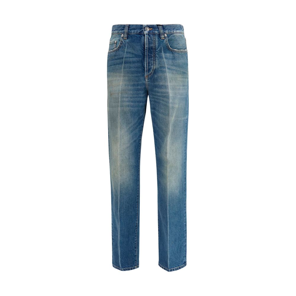 Jeans by Versace for men in denim cotton blue & signature features an sartorial straight-leg & regular-fit and long with a cut for a sartorial finish.