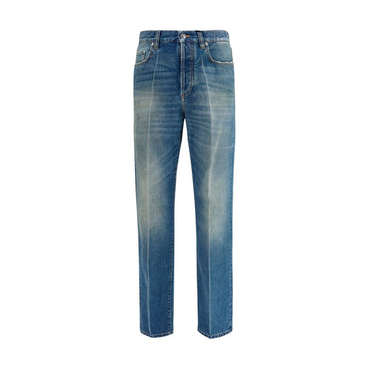 Jeans by Versace for men in denim cotton blue & signature features an sartorial straight-leg & regular-fit and long with a cut for a sartorial finish.