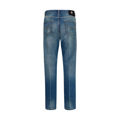Jeans by Versace for men in denim cotton blue & signature features a polished silhouette with a polished straight-leg & regular-fit, reaching a polished long and finished with a polished .