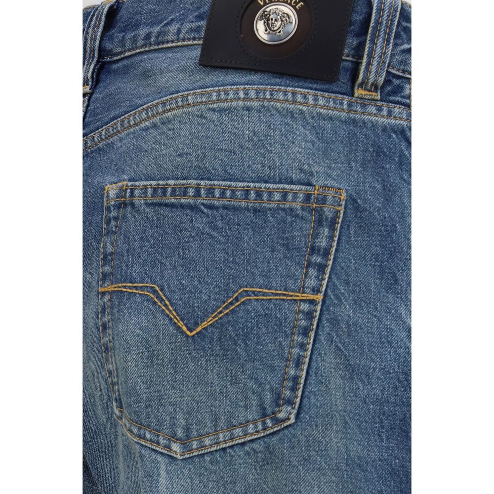 Jeans by Versace for men in denim cotton blue & signature features an sartorial straight-leg & regular-fit and long with a cut for a sartorial finish.