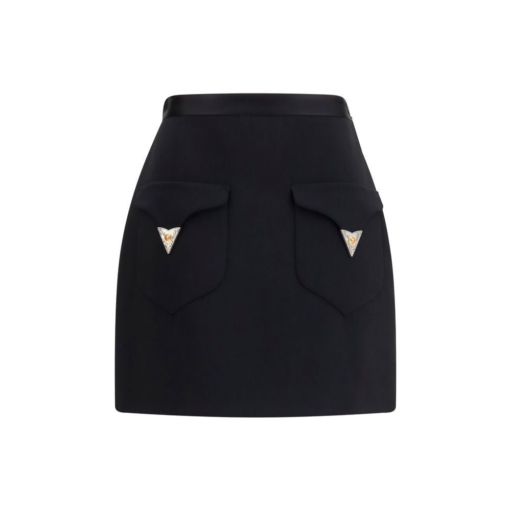Skirt by Versace for women in wool & satin black showcases a dramatic silhouette, artfully capturing the essence of the Medusa Women's A Line Wool & Satin Mini Skirt in a dramatic mini cut for a refined look.