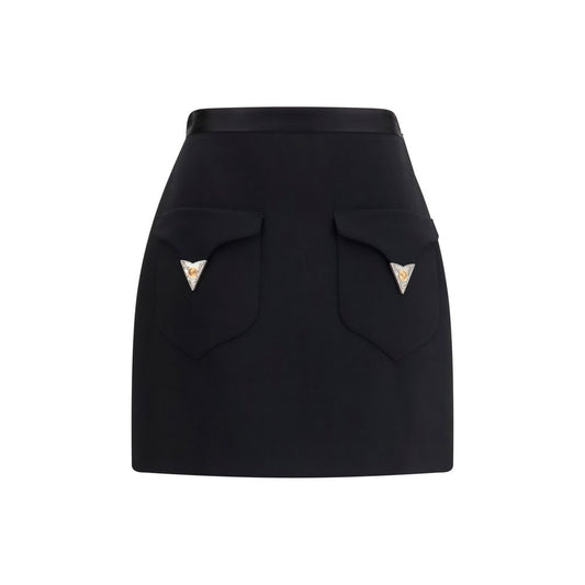Skirt by Versace for women in wool & satin black showcases a dramatic silhouette, artfully capturing the essence of the Medusa Women's A Line Wool & Satin Mini Skirt in a dramatic mini cut for a refined look.