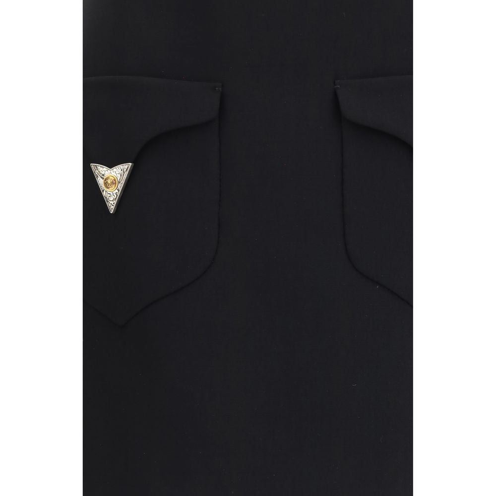 Skirt by Versace for women in wool & satin black features a contoured silhouette from the Medusa Women's A Line Wool & Satin Mini Skirt collection, characterized by its contoured mini for a contoured finish.