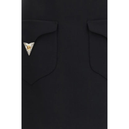 Skirt by Versace for women in wool & satin black features a contoured silhouette from the Medusa Women's A Line Wool & Satin Mini Skirt collection, characterized by its contoured mini for a contoured finish.