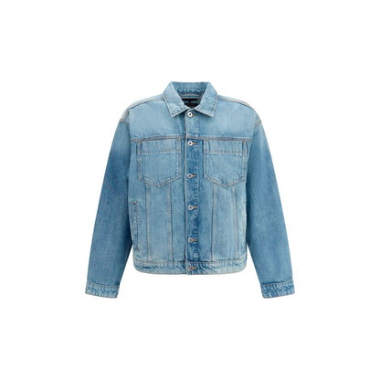 Trucker Jacket by 7FOR for men in denim cotton blue features a dramatic silhouette, showcasing a sophisticated and distinctive pockets for a dramatic aesthetic.