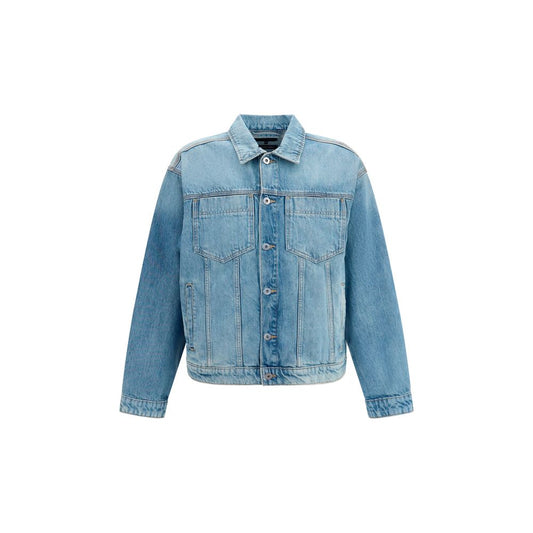 Trucker Jacket by 7FOR for men in denim cotton blue features a dramatic silhouette, showcasing a sophisticated and distinctive pockets for a dramatic aesthetic.