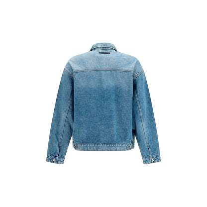 Trucker Jacket by 7FOR for men in denim cotton blue showcases a bohemian silhouette, artfully detailed with a bohemian and signature pockets for a truly bohemian finish.