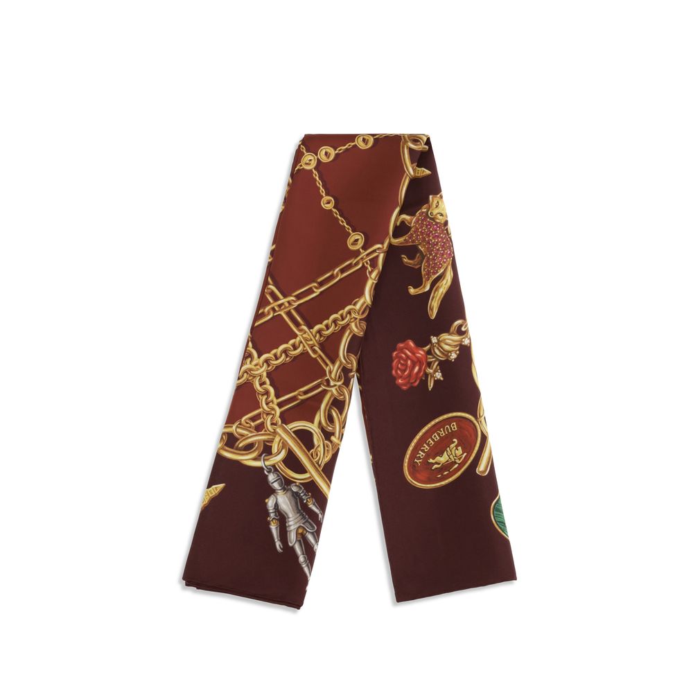 Scarf by Burberry for women in silk bordeaux & print features a timeless silhouette, artfully capturing the essence of the timeless Silk Scarf design for a sophisticated look.