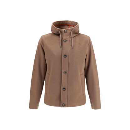 Hooded Overcoat by Herno for men in polyester & viscose brown showcases a architectural silhouette, artfully detailed with a distinctive hooded neckline and functional pockets & hooded for a architectural finish.
