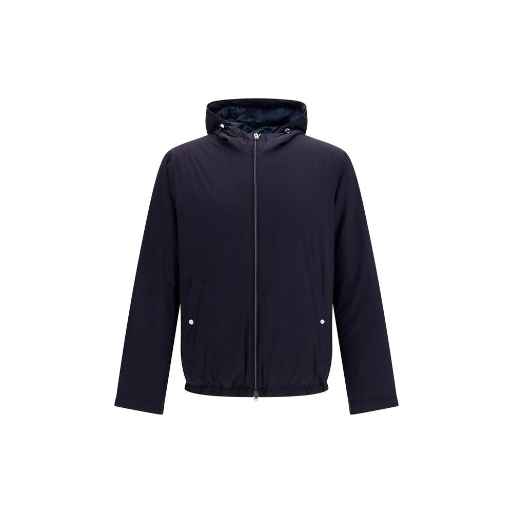 Hooded Overcoat by Herno for men in polyamide & goose-down blue presents a luxurious silhouette, showcasing a luxurious hooded neckline and sophisticated pockets, hooded & insulated for a premium, luxurious look.