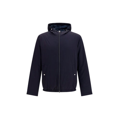 Hooded Overcoat by Herno for men in polyamide & goose-down blue presents a luxurious silhouette, showcasing a luxurious hooded neckline and sophisticated pockets, hooded & insulated for a premium, luxurious look.