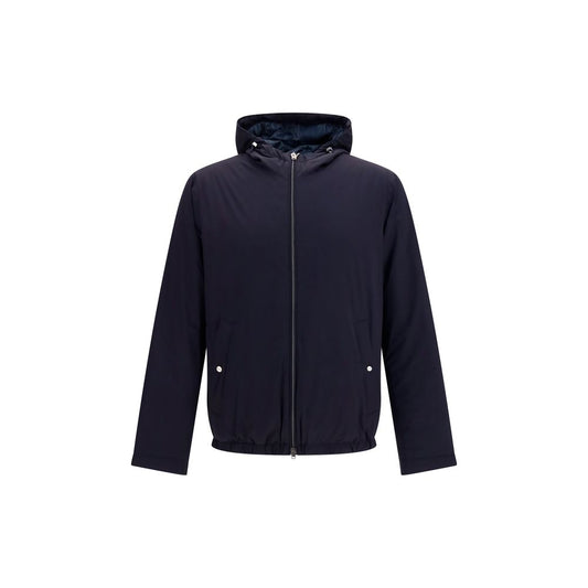 Hooded Overcoat by Herno for men in polyamide & goose-down blue presents a luxurious silhouette, showcasing a luxurious hooded neckline and sophisticated pockets, hooded & insulated for a premium, luxurious look.