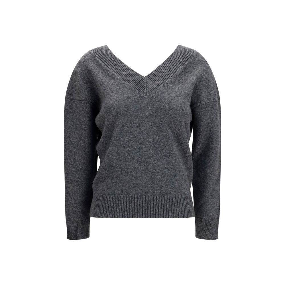 Sweater by Tom Ford for women in cashmere & capra leather gray showcases a sumptuous silhouette, artfully finished with a sumptuous v-neck neckline and long-sleeve for a sophisticated, sumptuous look.