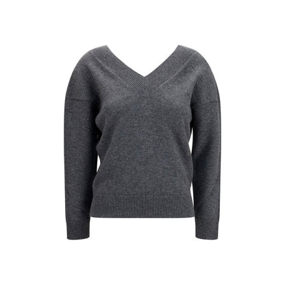 Sweater by Tom Ford for women in cashmere & capra leather gray showcases a sumptuous silhouette, artfully finished with a sumptuous v-neck neckline and long-sleeve for a sophisticated, sumptuous look.