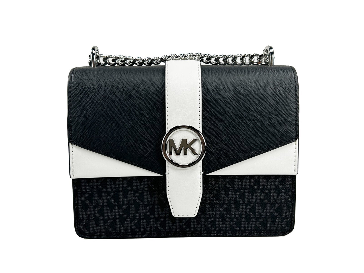 Small Crossbody Flap Handbag by Michael Kors for women in polyurethane silver & white features an multi-faceted design with a secure flap & magnetic, ample , and versatile crossbody-strap for a multi-faceted finish.