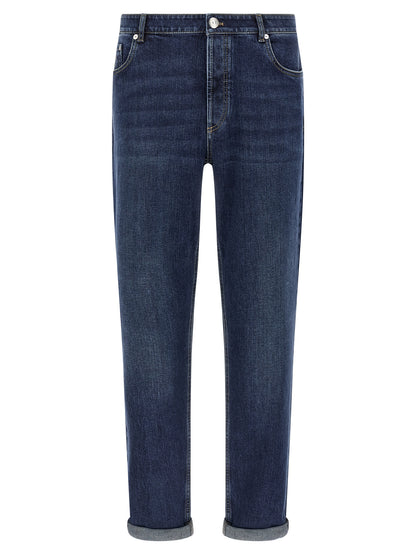 Jeans by Brunello Cucinelli for men in stretch denim cotton blue features an refined tailoring silhouette, showcasing a premium straight-leg with a and long cut for a refined tailoring look.