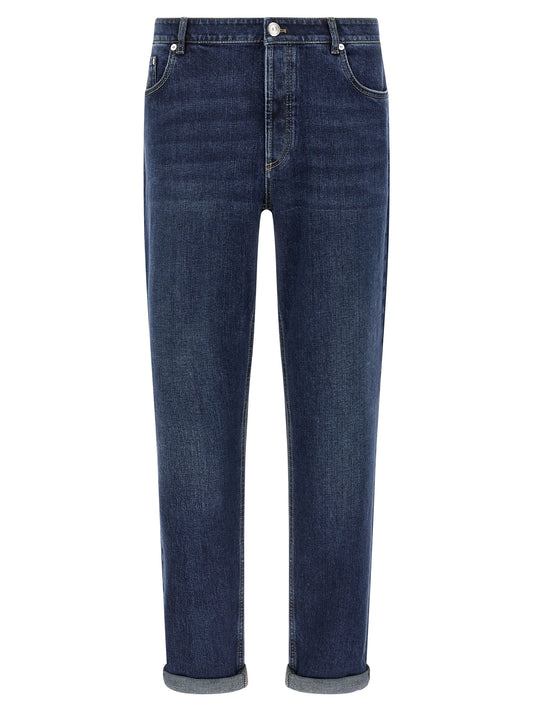 Jeans by Brunello Cucinelli for men in stretch denim cotton blue features an refined tailoring silhouette, showcasing a premium straight-leg with a and long cut for a refined tailoring look.