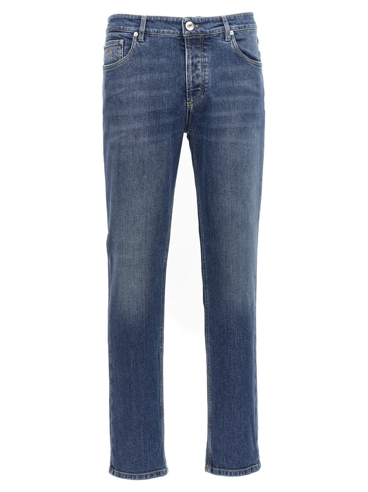 Jeans by Brunello Cucinelli for men in stretch denim cotton blue features an refined tailoring silhouette, showcasing a premium slim with a and long cut for a refined tailoring look.