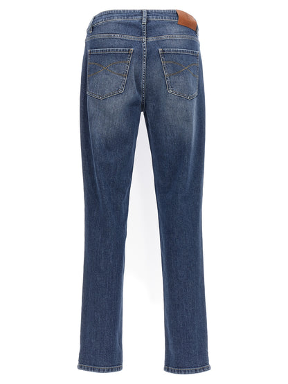Jeans by Brunello Cucinelli for men in stretch denim cotton blue features an sartorial slim and long with a cut for a sartorial finish.