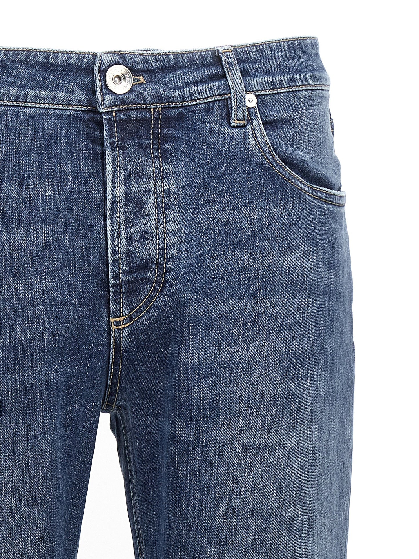 Jeans by Brunello Cucinelli for men in stretch denim cotton blue presents a tailored silhouette, showcasing a tailored slim and long cut with a refined for a truly tailored aesthetic.