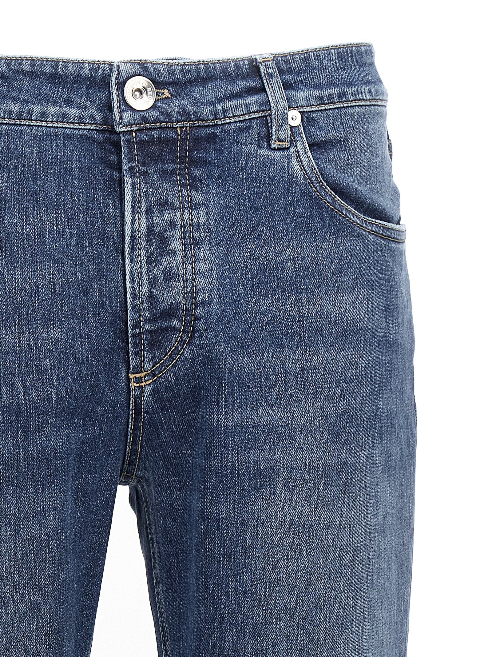 Jeans by Brunello Cucinelli for men in stretch denim cotton blue presents a tailored silhouette, showcasing a tailored slim and long cut with a refined for a truly tailored aesthetic.