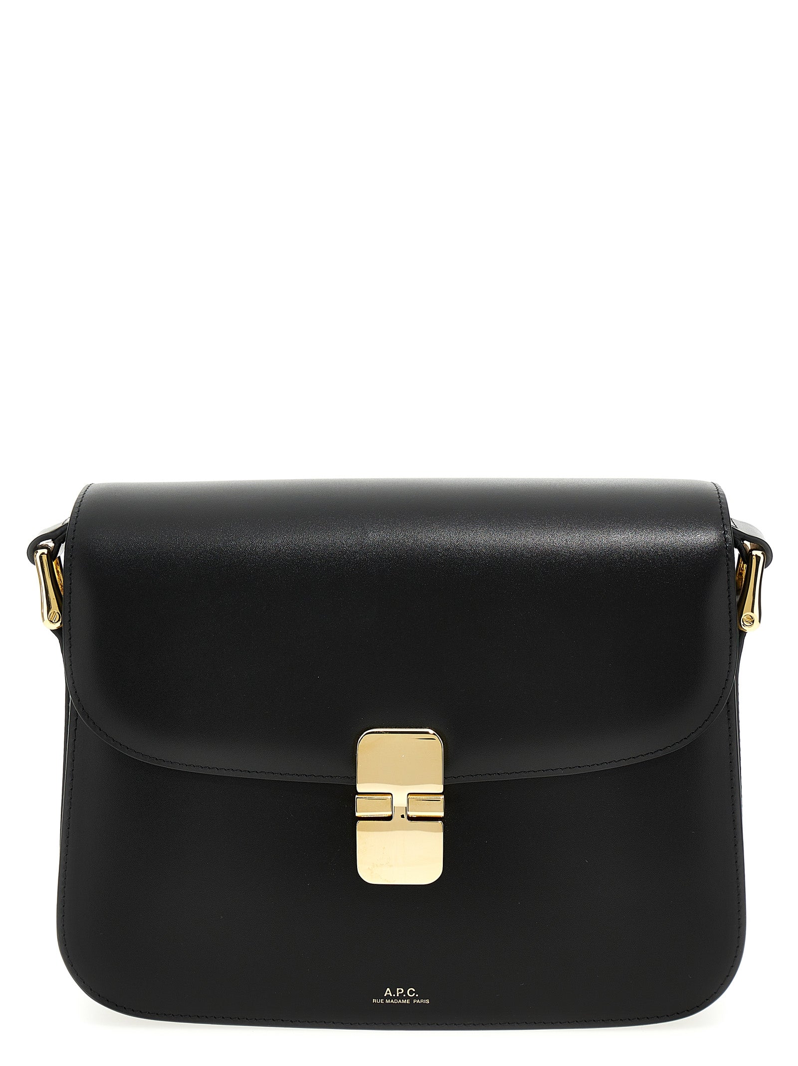 Large Crossbody Flap Handbag by A.P.C. for women in cowhide leather black & gold features a transformative sophistication silhouette, showcasing a secure flap & clasp, ample , and versatile crossbody-strap, shoulder-strap & adjustable-strap for a transformative sophistication look.