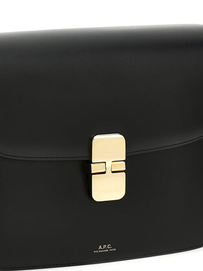 Large Crossbody Flap Handbag by A.P.C. for women in cowhide leather black & gold features a versatile chic silhouette, meticulously detailed with a secure flap & clasp, ample , and versatile crossbody-strap, shoulder-strap & adjustable-strap.