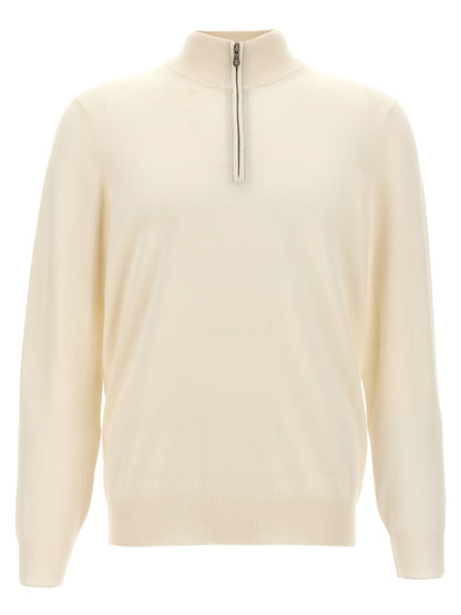 Cardigan by Brunello Cucinelli for men in cashmere white presents a textural silhouette, artfully finished with a textural high-neck neckline and for a sophisticated, textural look.