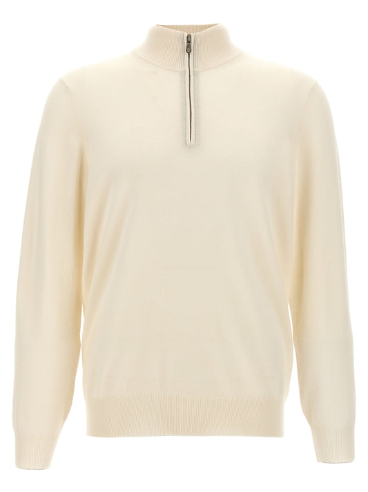 Cardigan by Brunello Cucinelli for men in cashmere white presents a textural silhouette, artfully finished with a textural high-neck neckline and for a sophisticated, textural look.