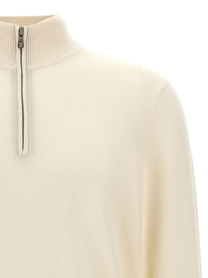 Cardigan by Brunello Cucinelli for men in cashmere white presents a textural silhouette, artfully finished with a textural high-neck neckline and for a sophisticated, textural look.