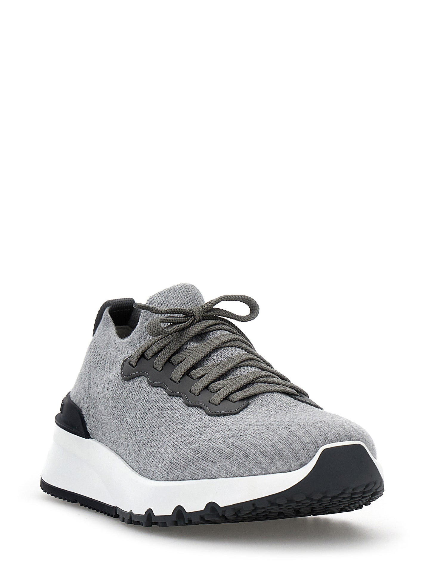 Athletic Sneakers by Brunello Cucinelli for men in cotton & calfskin gray features an exquisite silhouette, showcasing the premium slip-on style of the Men's Slip On Cotton & Calfskin Athletic Sneakers with an exquisite finish.