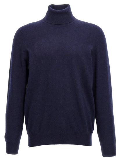 Cardigan by Brunello Cucinelli for men in cashmere blue features a nuanced silhouette with a refined turtle high-neck neckline and nuanced detailing for a sophisticated look.