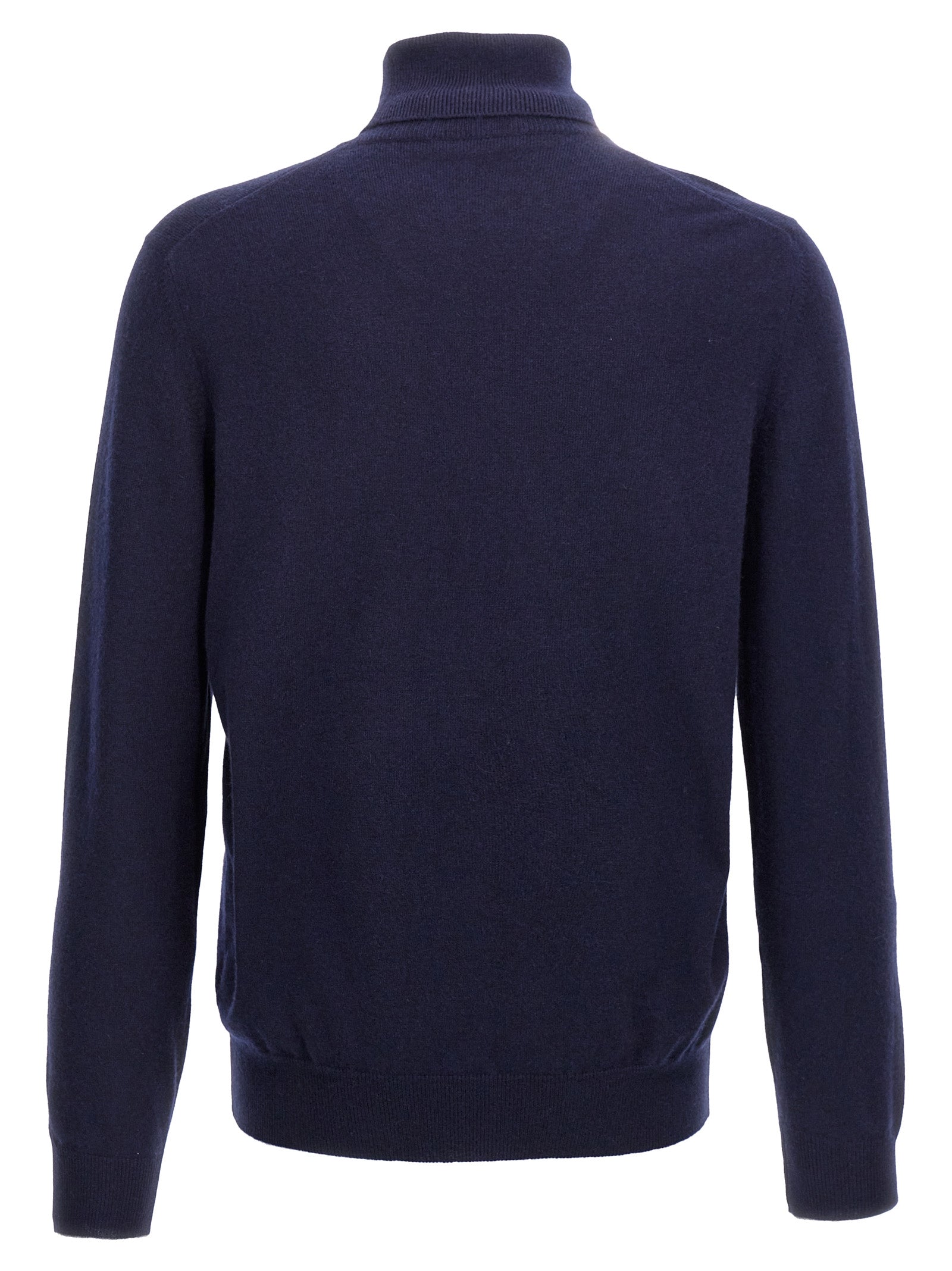 Cardigan by Brunello Cucinelli for men in cashmere blue features a dramatic silhouette, showcasing a sophisticated turtle high-neck neckline and dramatic detail for a timeless, premium look.