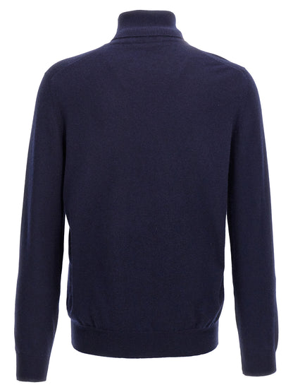 Cardigan by Brunello Cucinelli for men in cashmere blue features a dramatic silhouette, showcasing a sophisticated turtle high-neck neckline and dramatic detail for a timeless, premium look.