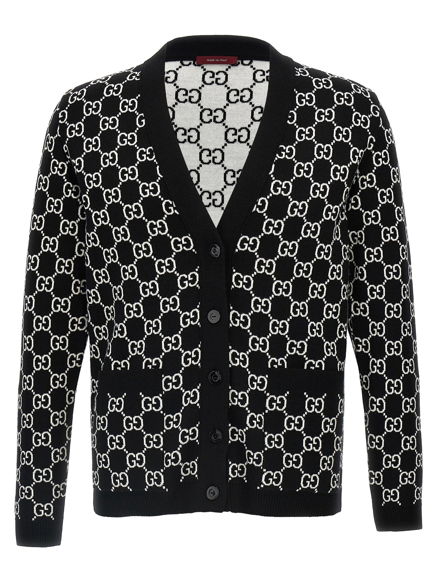 Cardigan by Gucci for women in wool bicolour, black, white & jacquard features an impeccable silhouette, showcasing a sophisticated v-neck neckline and detail for a truly impeccable finish.