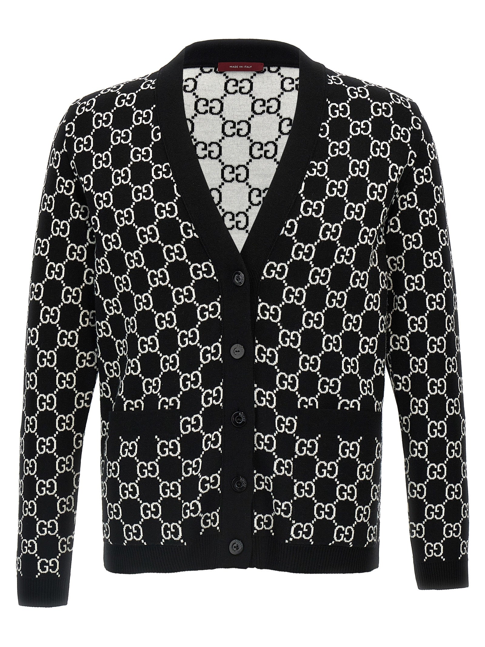 Cardigan by Gucci for women in wool bicolour, black, white & jacquard features an impeccable silhouette, showcasing a sophisticated v-neck neckline and detail for a truly impeccable finish.