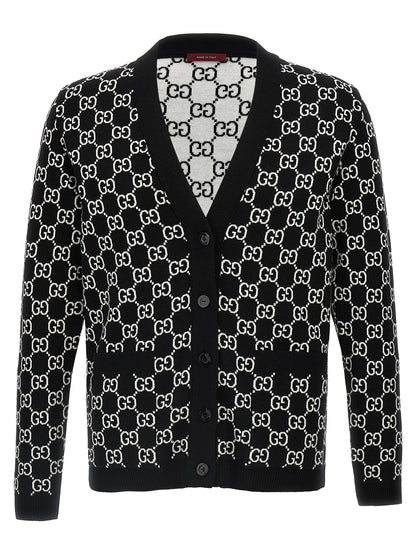 Cardigan by Gucci for women in wool bicolour, black, white & jacquard features an impeccable silhouette, showcasing a sophisticated v-neck neckline and detail for a truly impeccable finish.