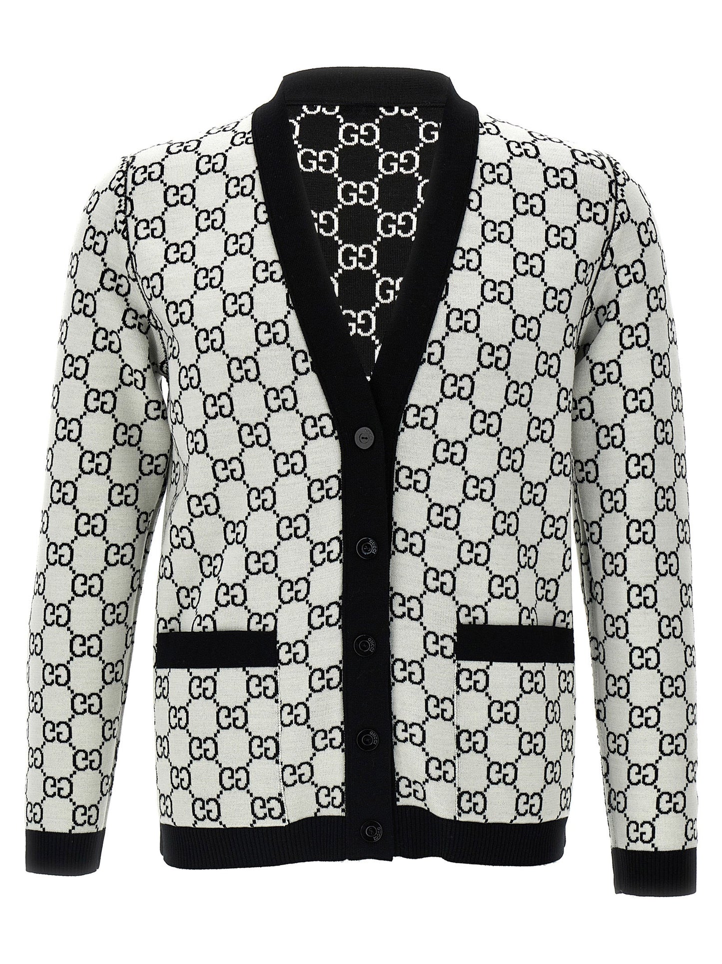Cardigan by Gucci for women in wool bicolour, black, white & jacquard features a dramatic silhouette, showcasing a sophisticated v-neck neckline and dramatic detail for a timeless, premium look.