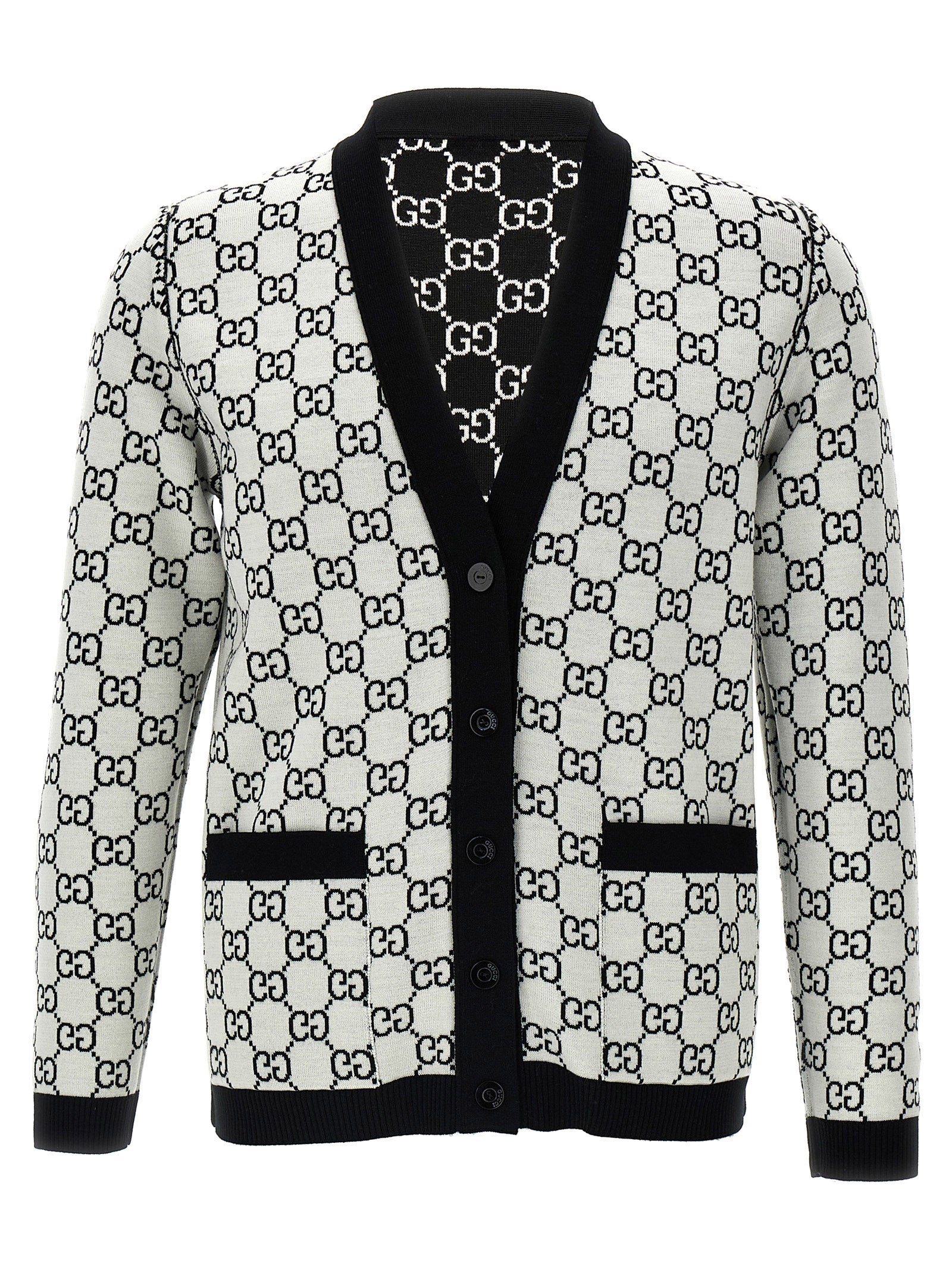 Cardigan by Gucci for women in wool bicolour, black, white & jacquard features a dramatic silhouette, showcasing a sophisticated v-neck neckline and dramatic detail for a timeless, premium look.