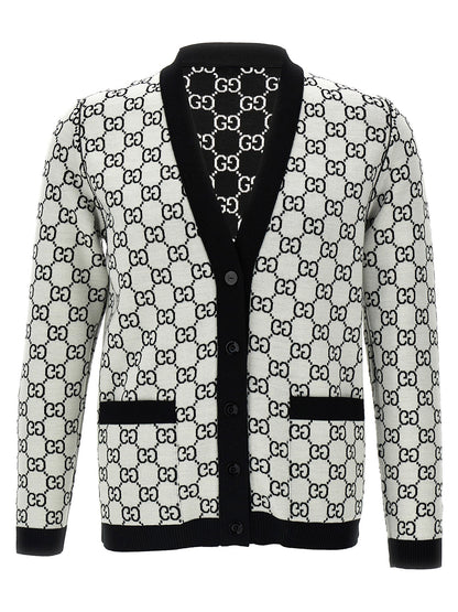 Cardigan by Gucci for women in wool bicolour, black, white & jacquard features a dramatic silhouette, showcasing a sophisticated v-neck neckline and dramatic detail for a timeless, premium look.
