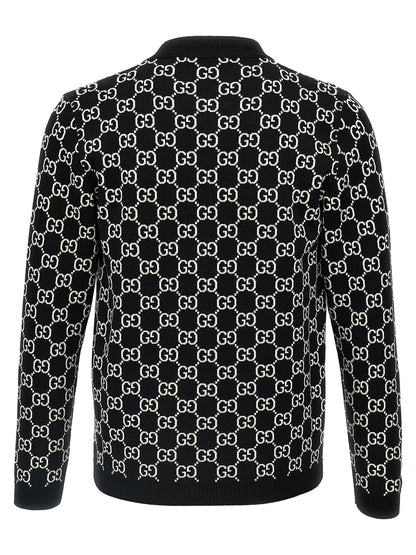 Cardigan by Gucci for women in wool bicolour, black, white & jacquard features a nuanced silhouette with a refined v-neck neckline and nuanced detailing for a sophisticated look.