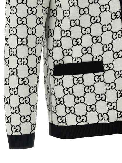 Cardigan by Gucci for women in wool bicolour, black, white & jacquard showcases a luxurious silhouette, meticulously detailed with a sophisticated and for a refined finish.