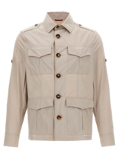 Overcoat by Brunello Cucinelli for men in polyamide cotton canvas beige features a cosy chic silhouette, artfully detailed with a sophisticated shirt-collar neckline and premium pockets for a cosy chic finish.