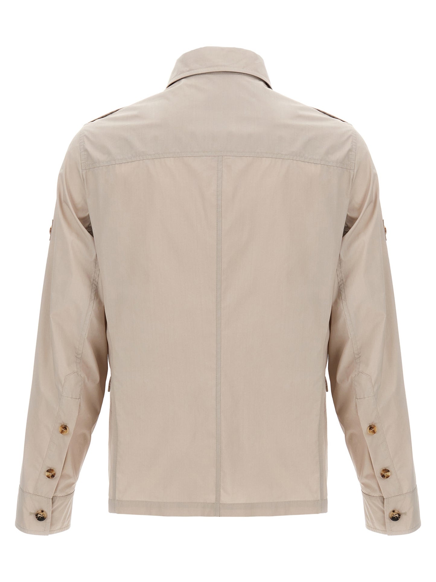 Overcoat by Brunello Cucinelli for men in polyamide cotton canvas beige showcases a architectural silhouette, artfully detailed with a distinctive shirt-collar neckline and functional pockets for a architectural finish.